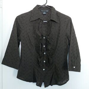 Antilia Femme brown 3/4 sleeve eyelet blouse with ruffles crystal buttons size S